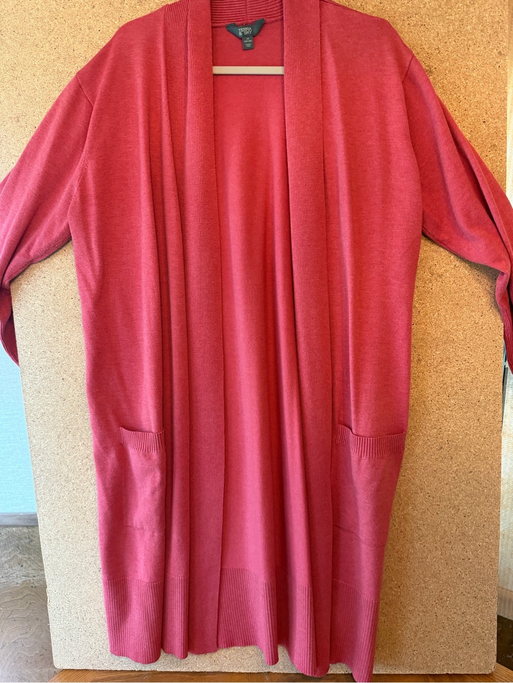 Terra & Sky Long Open-Front Cardigan in Coral Pink Size XL - Picture 4 of 7